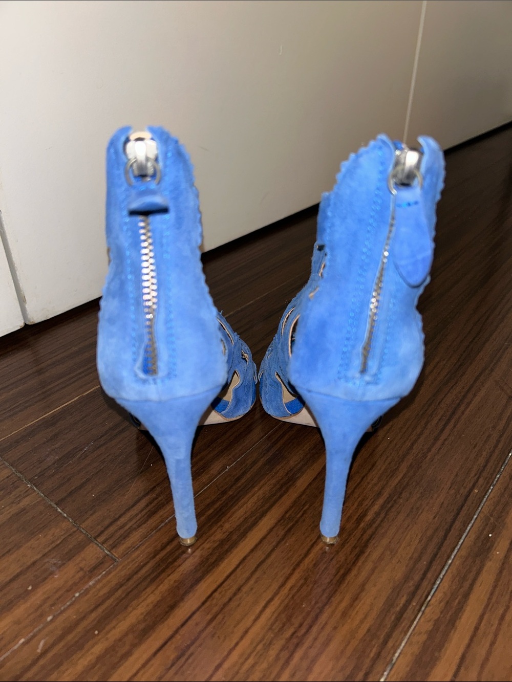 Zara Bright Blue Laser-Cut Suede Stiletto Sandals Sz 37 - Picture 6 of 7